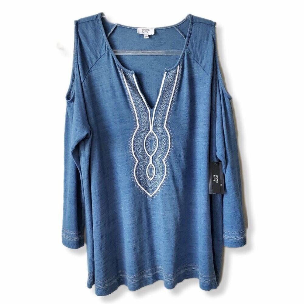 Women Crown Ivy Blue Cold Shoulder Tunic Top L Boho Preppy Coastal Beach Casual